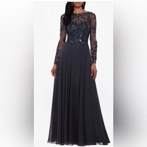 Xscape Blue Embellished Pleated Long Sleeve Gown